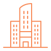 Simple orange icon of a multi-story building with a central tower and two shorter adjacent structures, reminiscent of a business insurance broker's office, featuring multiple windows.