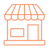 A simple line icon of a shop with an awning, a window, and a door, symbolizing the role of a business insurance broker. The lines are orange.