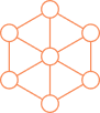 Icon of a network with six interconnected nodes forming a hexagon, connected to a central node, all outlined in orange—ideal for representing the interconnected nature of a business insurance broker.