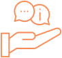 An icon of a hand with speech bubbles hovering above it—one bubble containing ellipses and the other an information symbol, reminiscent of a business insurance broker’s advisory role. The icon is outlined in orange.