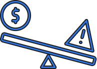 A seesaw balance with a dollar sign icon on one end and a triangle with an exclamation mark on the other, symbolizing the crucial decisions a business insurance broker helps navigate.