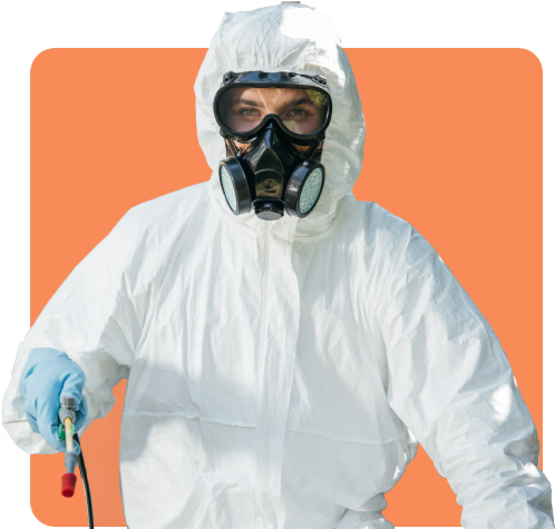 Against an orange background, a person in a white hazmat suit, gas mask, and blue gloves meticulously holds a tool, embodying the precision and preparedness reminiscent of an insurance broker in Sydney.