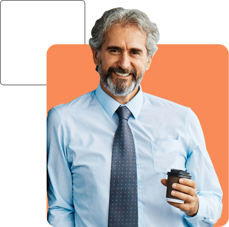 A bearded man with gray hair, wearing a light blue dress shirt and a dark tie, holds a coffee cup and smiles in front of an orange background, exuding confidence as if discussing management liability insurance.