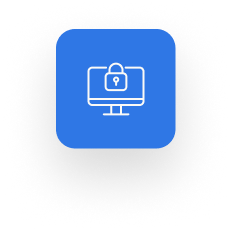 Blue icon depicting a computer monitor with a padlock symbol on the screen, indicating security or data protection, relevant for cyber insurance.