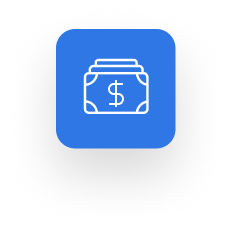 Icon of a white outlined cash stack with a dollar sign on a blue square background, perfect for representing Carpenters Insurance.