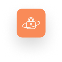 An orange icon with a white padlock enclosed by an orbit-like line, symbolizing cybersecurity or data protection, much like the robust precautionary measures found in scaffolding insurance.