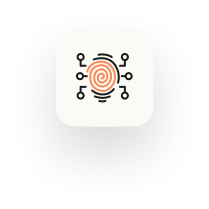 A white square icon featuring an orange fingerprint at the center, surrounded by black lines connected to small circles, representing a digital or biometric concept, symbolizing the importance of cyber insurance.