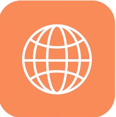 Orange square icon with rounded corners featuring a black outline of a globe, perfect for representing a business insurance broker.