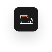 A black square icon with an outline of a compact car in white, displaying orange color on the window, ideal for business travel insurance graphics.