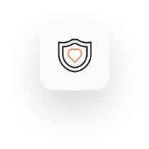 A square icon with a shield outline containing a heart in the center, symbolizing cyber insurance. The shield and heart are black and orange, respectively, against a white background.