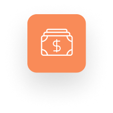 An orange square icon with a white outline of a stack of money featuring a dollar sign, perfect for representing Tilers Insurance.