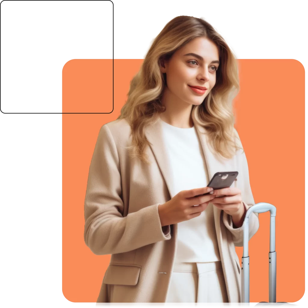 A woman with long blonde hair in a beige blazer is holding a smartphone and standing next to a suitcase, presumably on her way to a meeting about commercial property insurance, all against an orange background.