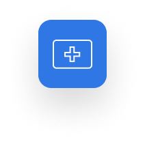 A blue square icon with a white medical cross inside a rectangular frame, set against a black, speckled background, symbolizing Professional Indemnity Insurance.