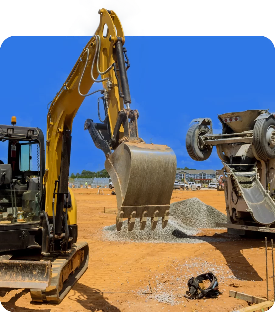 An excavator operates at a construction site, its bucket raised high. Nearby, an overturned vehicle lies on its roof on the dirt ground. Ensuring proper dry hire insurance can mitigate risks in such scenarios.