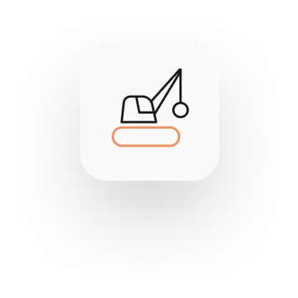 A simplistic icon of an excavator with a bucket on tracks, symbolizing demolition insurance, is centered on a white, rounded square background surrounded by a black gradient border.