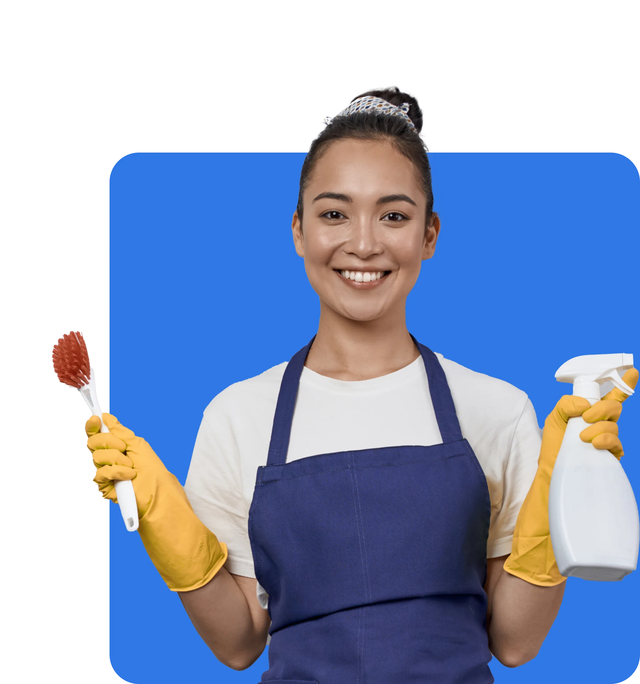 A person wearing a blue apron and yellow cleaning gloves, holding a scrub brush in one hand and a spray bottle in the other, smiles at the camera against a blue background. Ensure you're always protected with insurance for cleaners.