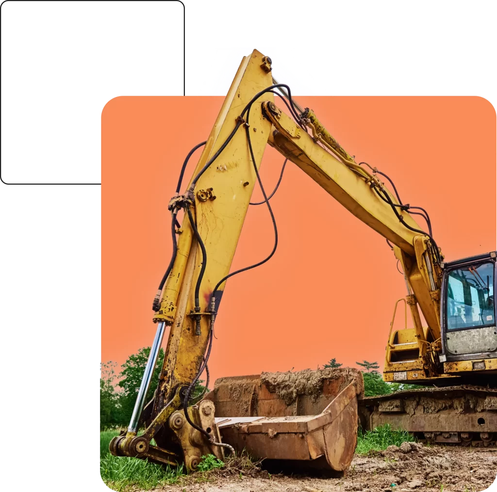 A yellow excavator with a large bucket attachment, positioned on uneven ground, illustrated against an orange background highlights the importance of Plant and Equipment Insurance.