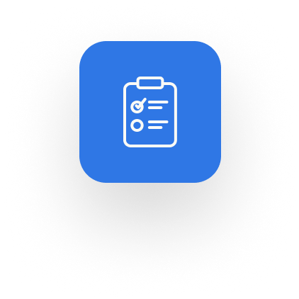 Icon of a clipboard with a checklist on a blue square background. The icon is centered with a black gradient shadow.