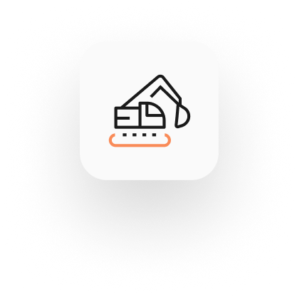 Icon of an excavator drawn in a simple line style on a rounded square background. The excavator, perfect for illustrating Plant and Equipment Insurance, is outlined in black with an orange line beneath it.