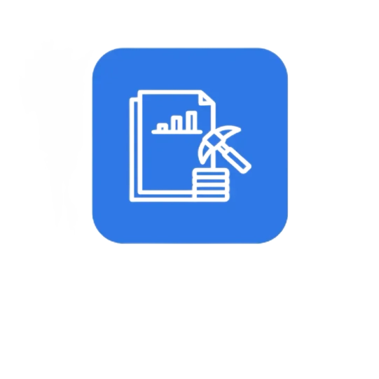 Blue square icon featuring a white outline of documents with a bar chart, a stack of coins, and a pickaxe crossing each other.