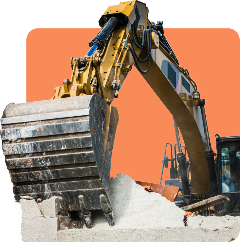 A yellow excavator demolishing a concrete structure with its bucket against an orange background.