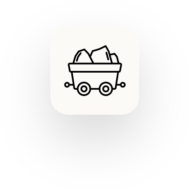 Icon of a minecart filled with rocks, depicted in black and white on a white background. The minecart has two small wheels on each side.