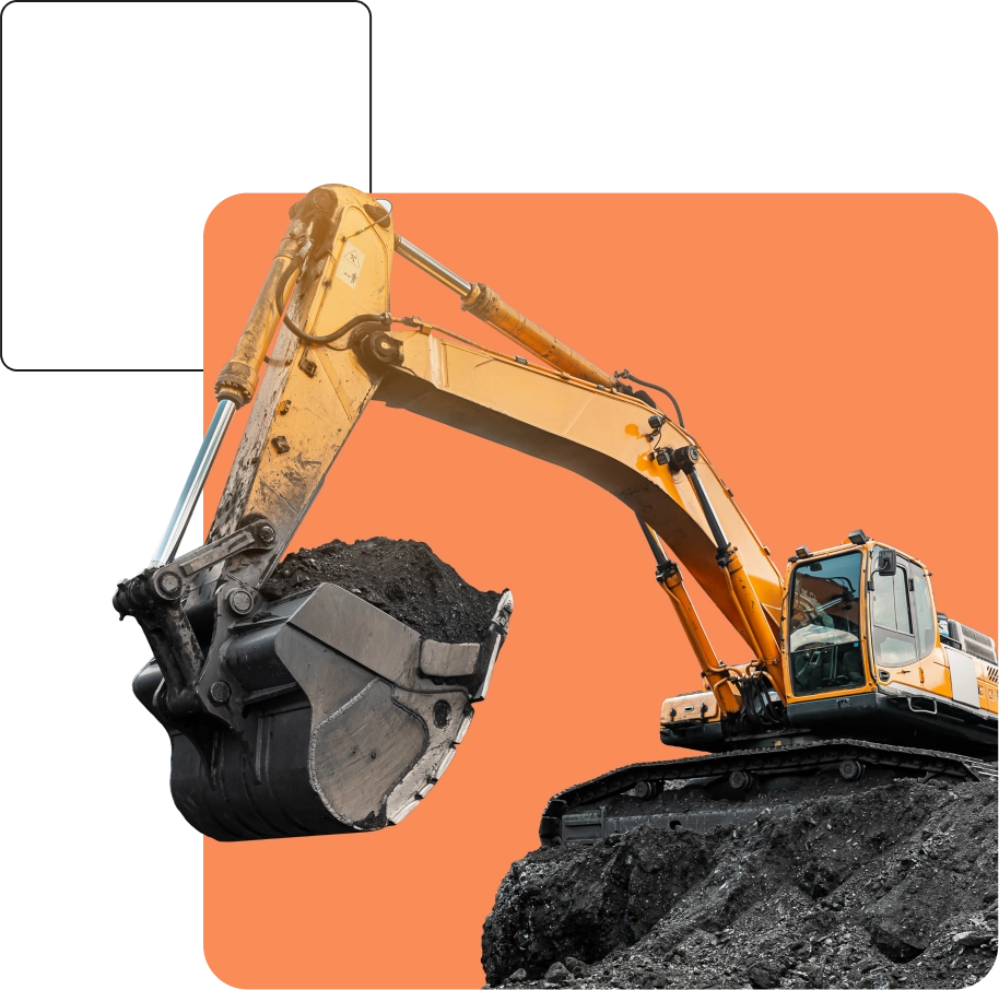 An excavator with a large bucket is digging into a pile of dirt. The background is an orange color.